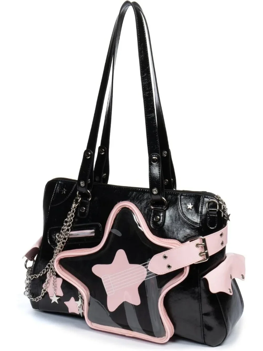 Y2K Crossbody Purse - Large Black & Pink Star Guitar Pin Shoulder Bag, Cute